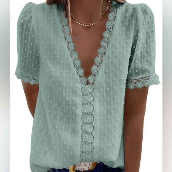 Dokotoo EUC Women's Short Sleeve Lacy Blouse, Medium, Minty Sage Green - Picture 1 of 4